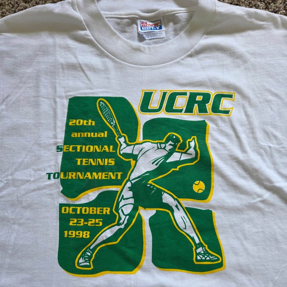 Vintage 1998 UCRC Tennis Tournament Graphic Shirt Mens XL White Hanes Beefy T